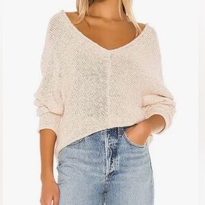 Free People Bright Lights V Neck Boho Knit Sweater in Chamoix Cream S $148